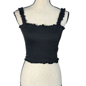 GUESS Medium Cropped Top Smocked Wide Shoulder Straps Stretch Ruffled Black